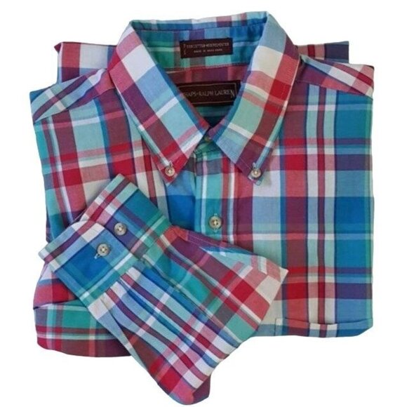 Chaps Ralph Lauren Mens Plaid Button Down Shirt Red Blue Medium Long Sleeve - Picture 3 of 5